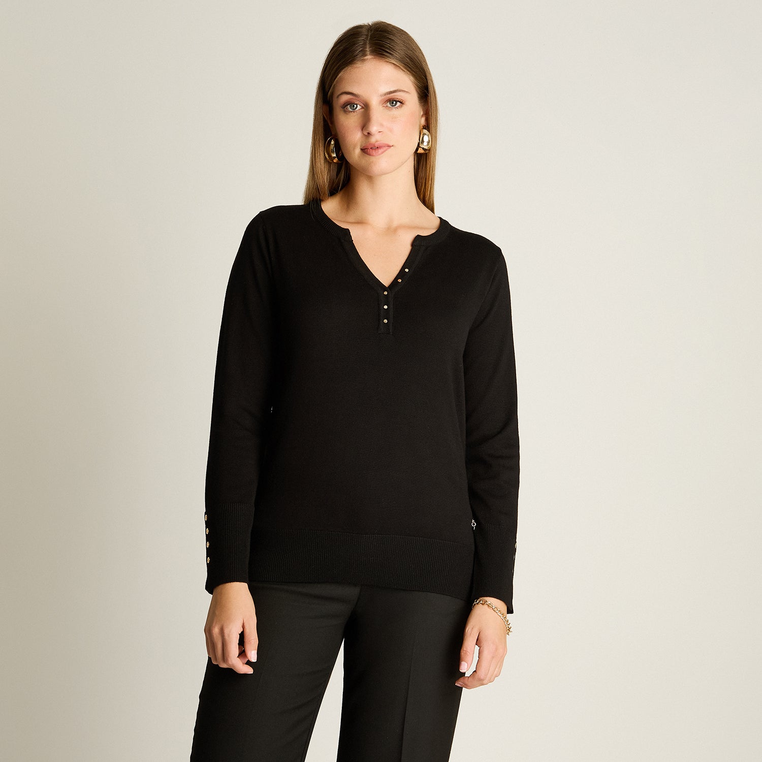 Sweater Negro Manga Larga Elasticidad Media Sin Forro Calce Normal Tela Tejido